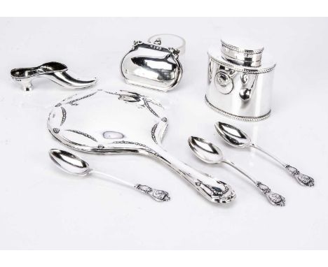 Seven first half 20th century items of silver and silver plate, inclduing a silver purse, hand mirror three presentation teas
