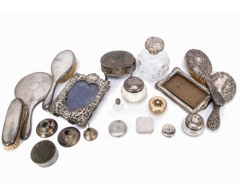 A collection of Victorian and later silver and other dressing table items, AF, including a cut glass scent bottle, an hairbru