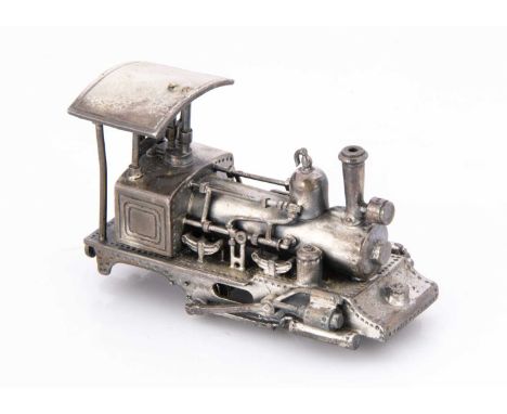 A modern silver model of a train, 4.47 ozt and 8.2 cm long, modelled as a Darjeeling Class tank locomotive, with import marks