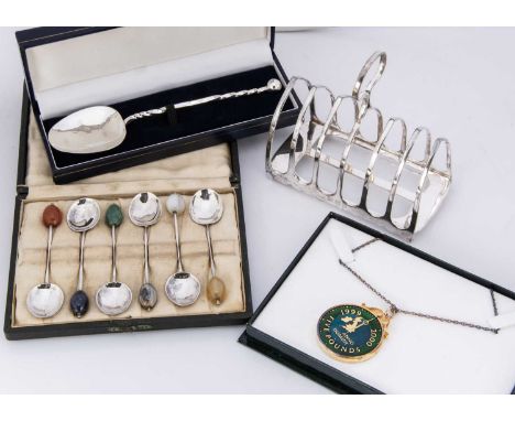 A cased set of six George V silver coffee spoons with hardstone terminals and other items, in Liberty box, together with a si