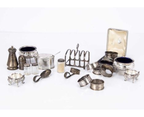 A collection of Victorian and later silver dining table and other items, incuding a pair cauldron salts, a small pair of Far 