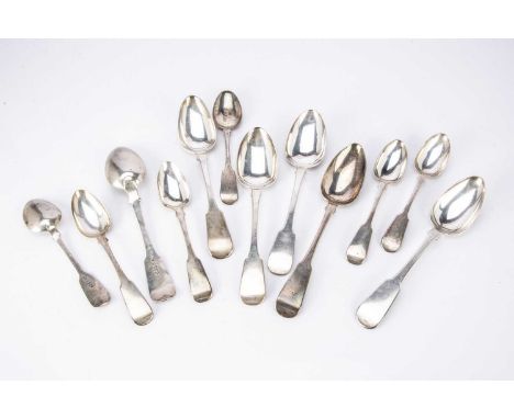 An harlequin set of six Scottish silver tablespoons and dessert spoons, from the William IV and early Victorian periods, fidd