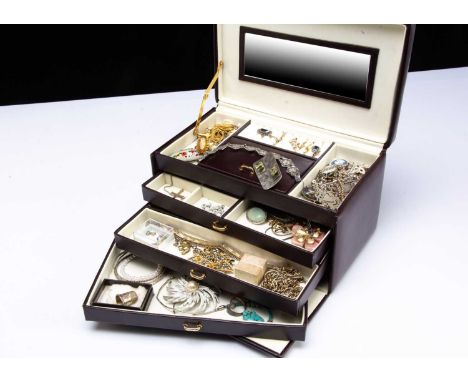 A collection of costume jewels, including a pair of 9ct gold earrings 4g, a small collection of silver, a leaf paste brooch a