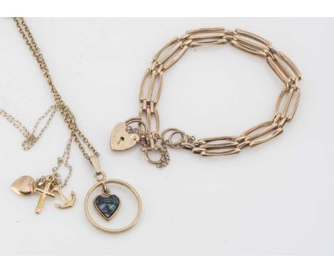 A collection of 9ct gold bracelets, including a three gate bar barcelet, a faith, hope and charity pendant, on a 9ct gold cha
