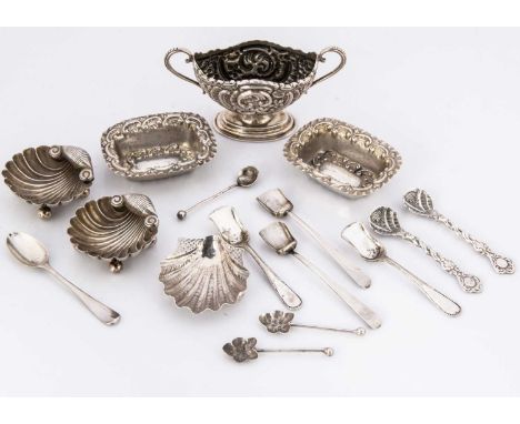 A group of small silver salts and spoons, including an Edwardian silver twin handled salt, 10.2cm wide, a pair of shell shape