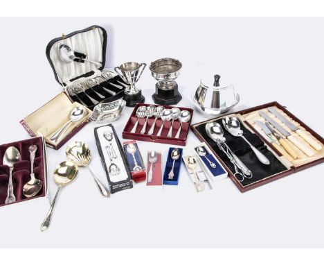 A collection of silver plated cutlery,  including a part canteen of Walker & Hall cutlery, one box