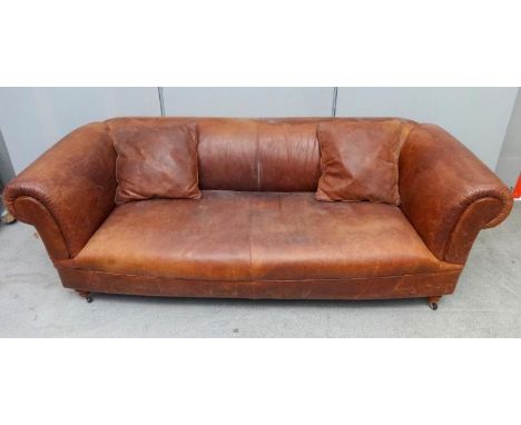 MATCHING LOT 14 - Tan Club Style 3 Seater Sofa with leather cushions, roll-over arms & back 