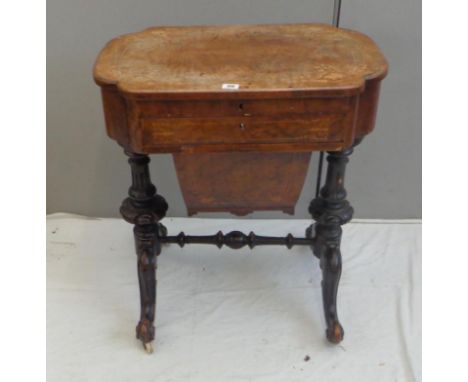 Mid Victorian Figured & Burr Walnut Writing Desk/Work Table with hinged top, inset writing surface, stationery compartments, 