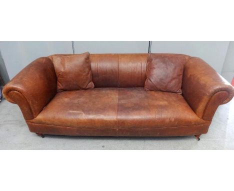 Tan Club Style 3 Seater Sofa with leather cushions, roll-over arms & back 