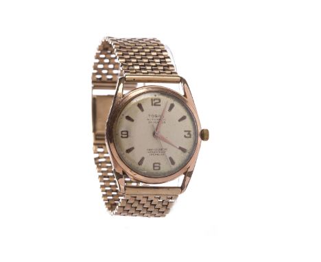 GENTLEMAN'S TOSAL AUTOMATIC GOLD PLATED WRIST WATCHthe round dial with applied Arabic numerals and wedge hour markers, 32mm c