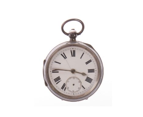 VICTORIAN SILVER OPEN FACE KEY WIND POCKET WATCHthe round white enamel dial with Roman numerals in black, sunken subsidiary s