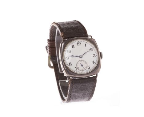 GENTLEMAN'S EARLY TWENTIETH CENTURY SILVER TRENCH WRIST WATCHthe round white enamel dial with Arabic numerals in black, subsi