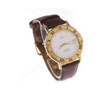 GENTLEMAN'S OMEGA EIGHTEEN CARAT GOLD CONSTELLATION CHRONOMETER AUTOMATIC WRIST WATCHthe round white dial with gold coloured 