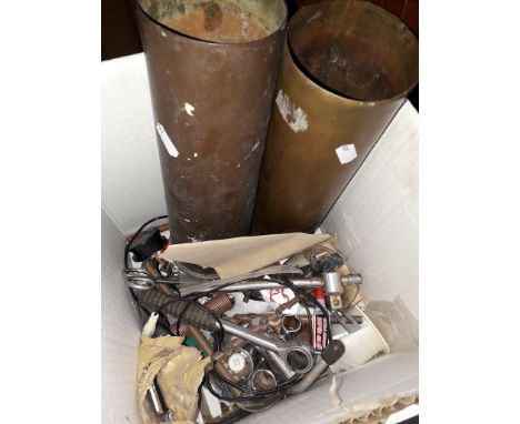 2 shell cases and a collection of small hand tools etc