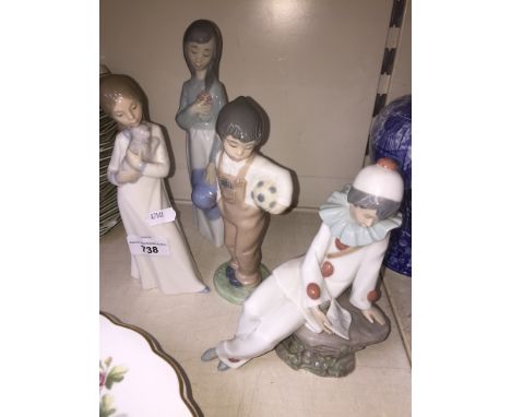 Four Nao figures including Girl with posy, Girl with kitten, Boy with football, and Pierrot with mandolin 