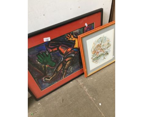 An abstract print and an embroidery showing a frog fishing 