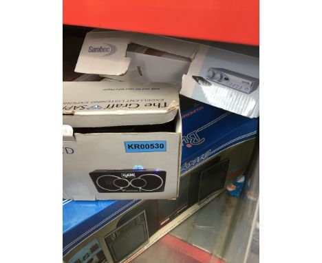 Box of electronics to include, speaker systems, Loop system (LA240) and answering machine 