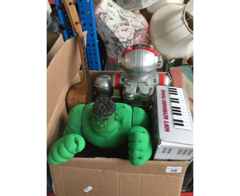 A box containing robot figures, Incredible Hulk, soft keyboard piano etc 