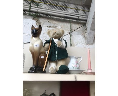 Pottery cat, teddy, candlestick and jug 