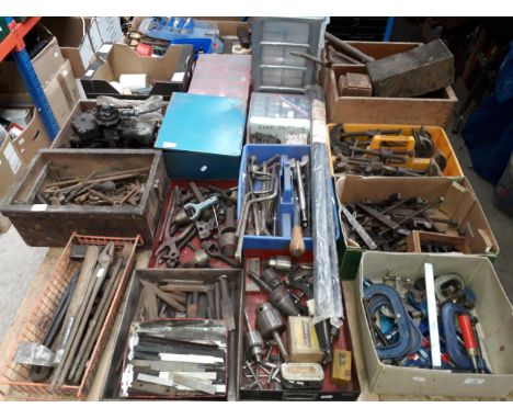 A large quantity of tools, approx. 17 boxes including reamers, clamps, Myford lathe parts, cutters, compressor, sleeves, grin