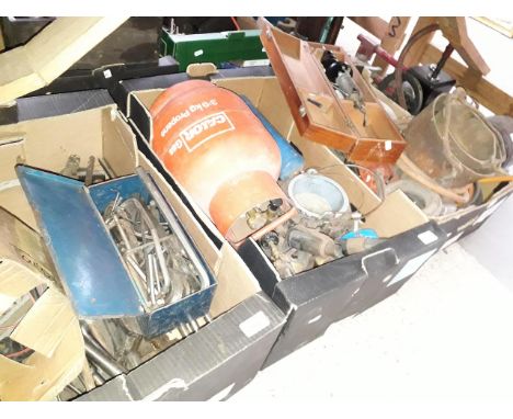 Three boxes of tools including smelting equipment, allan keys, wrenches, an old compressor etc. 