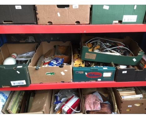 Five boxes of mixed items including hand tools, brassware, collectables etc 