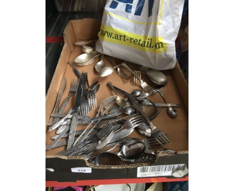 A box of cutlery and a bag of hand tools 