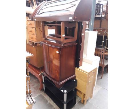 Five items of furniture comprising a glass TV stand, a mahogany HiFi cabinet, a retro tile top table, a glazed corner cabinet