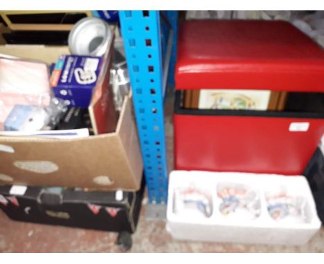 A red pouffe and contents including modern ornaments etc. and two boxes of misc. pots etc. 