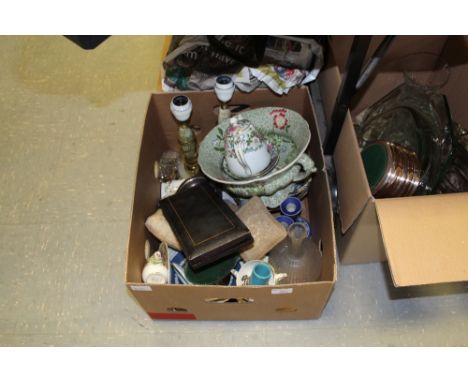 Box miscellaneous including glass decanter, china, Crown Staffs etc
