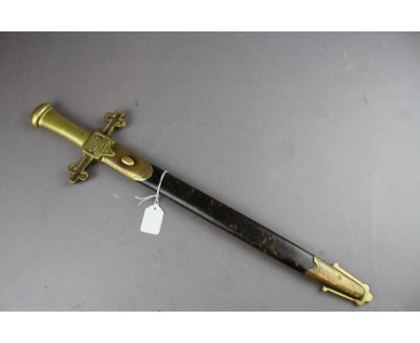 A Brass handled Bandsmans sword bearing GR Cypher. Having 33cm blade. Held within brass mounted leather scabbard