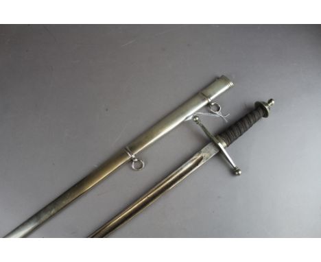 A Victorian Officers sword having wire bound handle and straight cross guard. The 84cm blade bearing hand inscribed name Jona