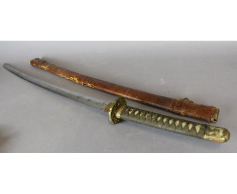 An 19th Century Japanese Katana with signed tang (4 character), with leather covered black lacquered scabbard, Tang Length-19