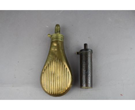 Sykes Patent Copper embossed powder flask together with small cylindrical copper example