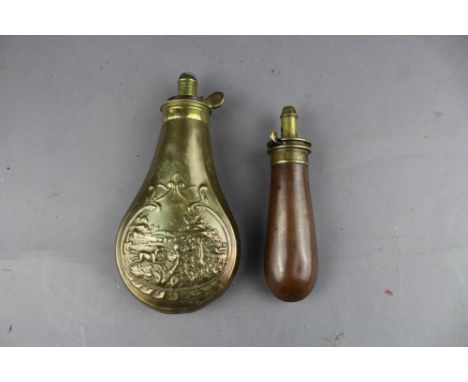 Copper powder flask embossed with hunting scene together with small copper example