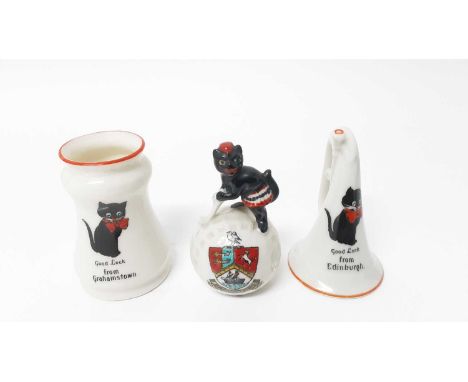 Two Willow Art Crested China Black Cats - one on top of a golf ball, Broadstairs, the other in the form of a bugle, Good Luck