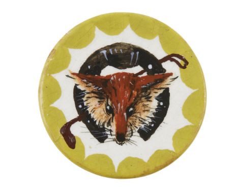 WEMYSS WARE  RARE BUTTON, CIRCA 1900   painted with a foxes head, horseshoe and riding crop within a scalloped pale green ban