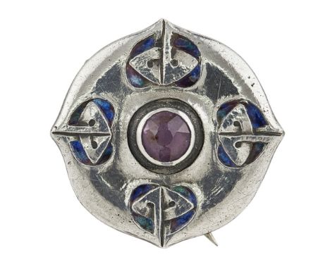 ARCHIBALD KNOX (1864-1933) FOR MURRLE BENNETT & CO.  SILVER AND ENAMEL BROOCH, CIRCA 1900   set with a cut amethyst stone, st