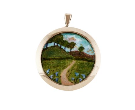FLEETWOOD CHARLES VARLEY (1863-1942) FOR WILLIAM HAIR HASELER  ARTS & CRAFTS GOLD AND ENAMEL PENDANT, 1904   the enamel panel