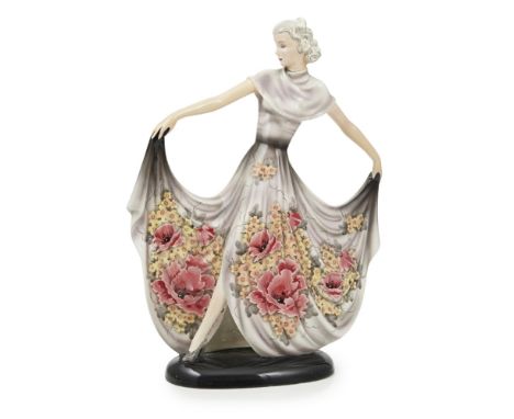 STEFAN DAKON (1904–1992) FOR GOLDSCHEIDER, AUSTRIA  ART DECO CERAMIC FIGURE, CIRCA 1930   modelled as a lady in a flowing gow