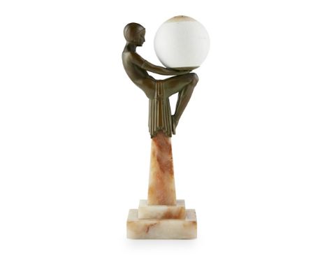 ART DECO  PATINATED METAL AND ONYX TABLE LAMP, 1920S   depicting a seated nude holding a patinated plaster globe shade, raise