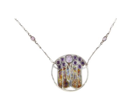 BRITISH SCHOOL  ARTS & CRAFTS WHITE METAL & ENAMEL PENDANT, CIRCA 1910   of circular outline pierced and set with coloured en