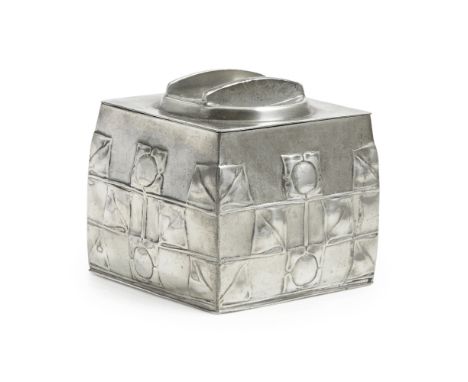 ARCHIBALD KNOX (1864-1933) FOR LIBERTY & CO., LONDON  'TUDRIC' PEWTER TEA CADDY AND COVER, CIRCA 1905   of square form, embos