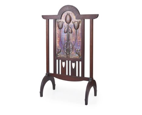 SHAPLAND & PETTER, BARNSTAPLE  ARTS & CRAFTS MAHOGANY FRAMED FIRESCREEN, CIRCA 1900   with embossed copper panel depicting po
