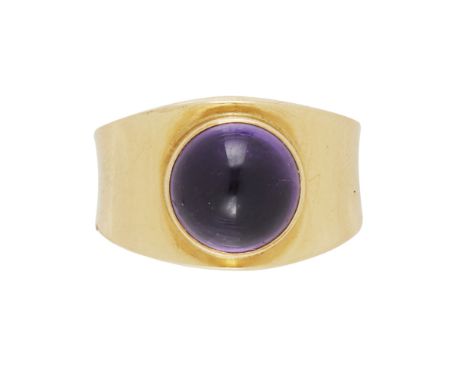 GEORG JENSEN  18 CARAT GOLD AND AMETHYST RING, CIRCA 1970   the circular cabochon collet set to a tapering mount, numbered 11