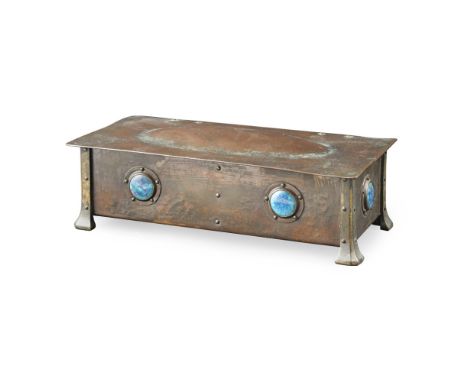 A. E. JONES  ARTS & CRAFTS COPPER AND BRASS MOUNTED BOX, CIRCA 1900   set with Ruskin ceramic roundels and with exposed rivet