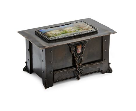 FREDERIC JAMES SHIELDS (1833-1911)  ARTS & CRAFTS COPPER AND ENAMEL CASKET, CIRCA 1890   of rectangular form, the hinged lid 
