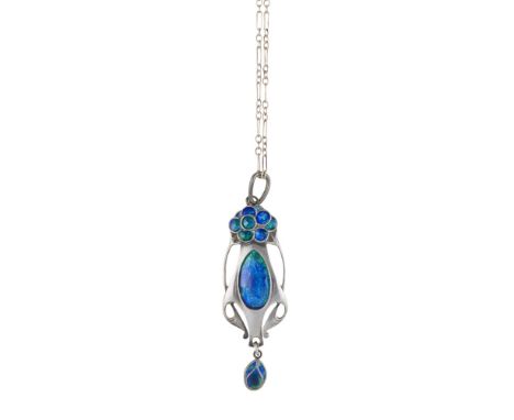 ATTRIBUTED TO ARCHIBALD KNOX FOR MURRLE BENNETT & CO.  SILVER AND ENAMEL PENDANT, CIRCA 1900   formed as a flowerhead with en