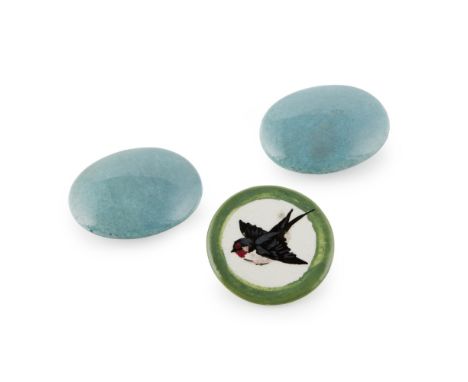 WEMYSS WARE  GROUP OF THREE BUTTONS, EARLY 20TH CENTURY  comprising a RARE CIRCULAR BUTTON, painted with a swallow within a g