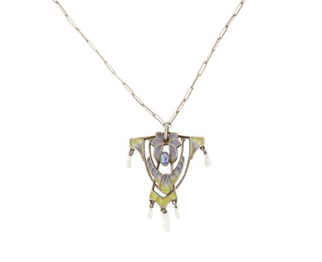 ATTRIBUTED TO HEINRICH LEVINGER  ART NOUVEAU PLIQUE A JOUR ENAMEL PENDANT, CIRCA 1910   worked as three hinged sections of st
